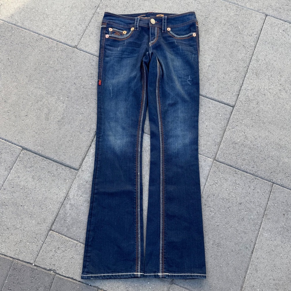 Seven7 Women Dark Wash Bootcut Jeans Low Rise Contrast Stitch Size 28